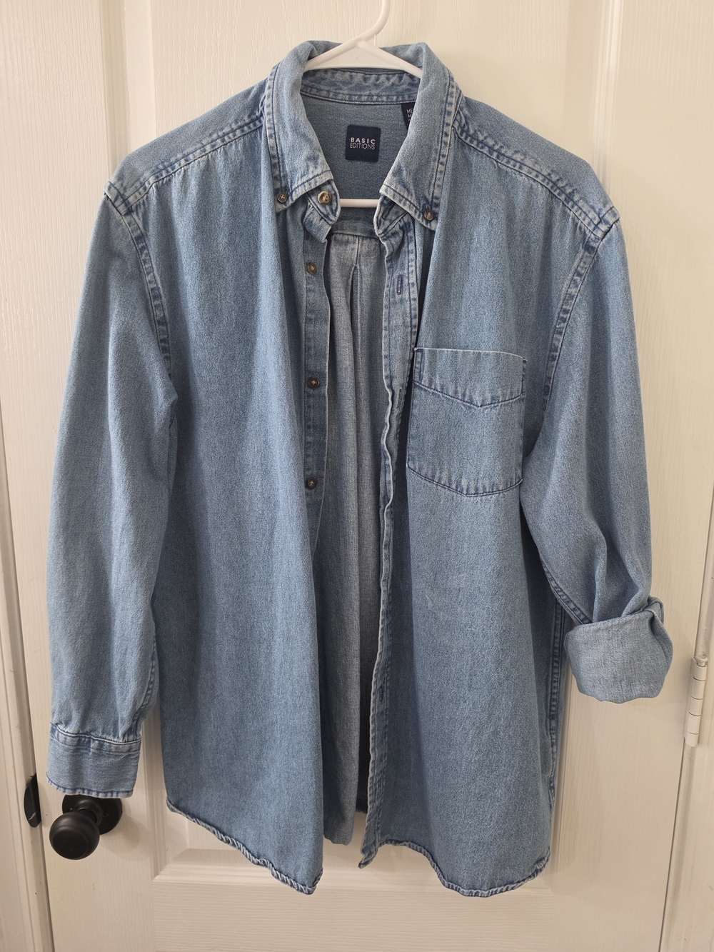 Basic Editions Vintage Denim Button-Up Shirt, 100% Cotton, Oversized Layer(MENS)